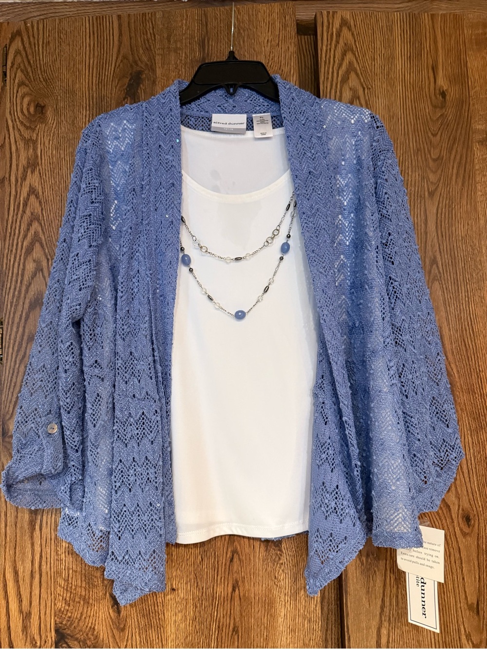 Alfred Dunner Periwinkle Lace 3 Piece Tank Necklace and Open-Front Cardigan